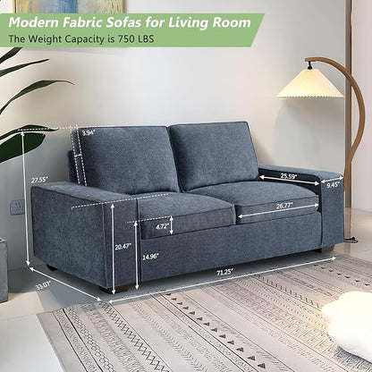 LEISLAND 71.25" Modern Sofas for Living Room, Small Sofas Couches for Small Spaces, Chenille Loveseat Couch with Solid Wood, Metal, Square Arm and Removable Cover/Easy to Install(Blue)