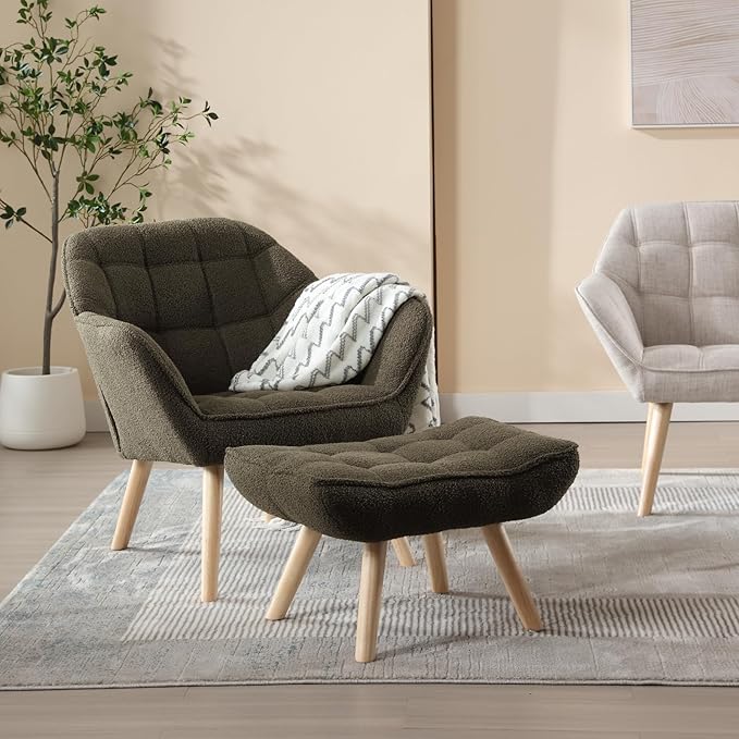 QUINJAY Modern Sherpa Accent Chair with Ottoman Set of 2, Fluffy Upholstered Lounge Chair with Footrest, Comfy Living Room Side Boucle Armchair for Small Space Bedroom, Green
