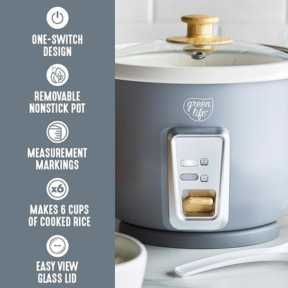 GreenLife Rice Cooker with Removable PFAS-Free Ceramic Nonstick Pot, 3-Cups