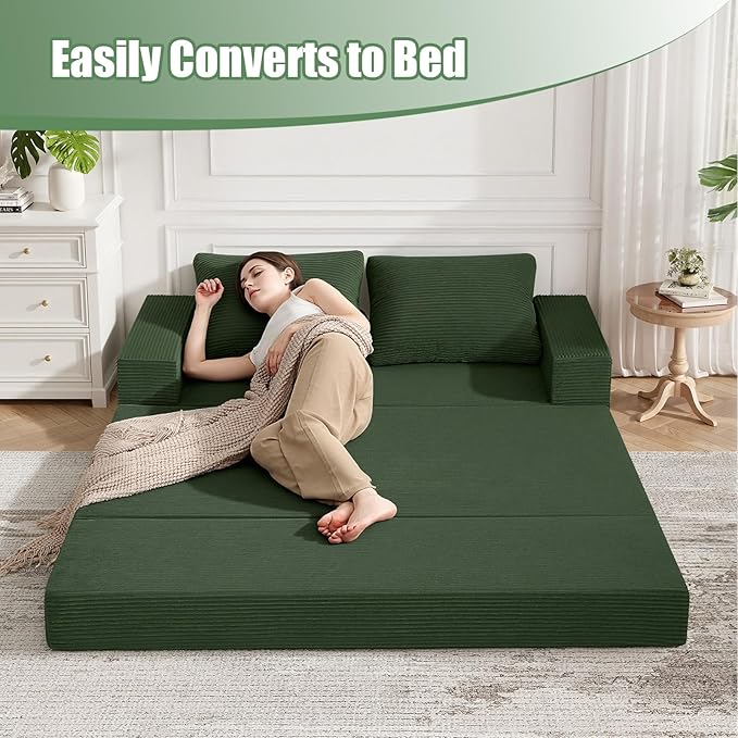 COMAX Convertible Sofa Bed Queen, Corduroy Folding Floor Couch Pull Out Couch Bed Futon Sleeper with Pillows, Fold Out Boneless Sofa Comfy Lounge Mattress Loveseat for Living Room Bedroom, Green