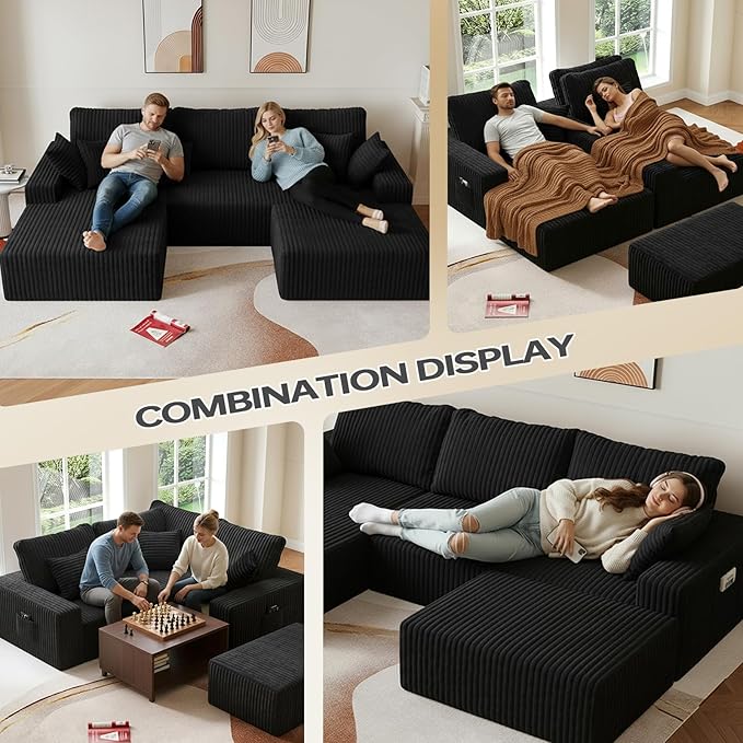 108" U Shaped Sectional Couch with Ottoman, Corduroy Modular Sectional Sofa with Deep Seat, Modern Modular L-Shape Sofa Couch with Chaise,Upholstered Boneless Couches for Living Room Bedroom