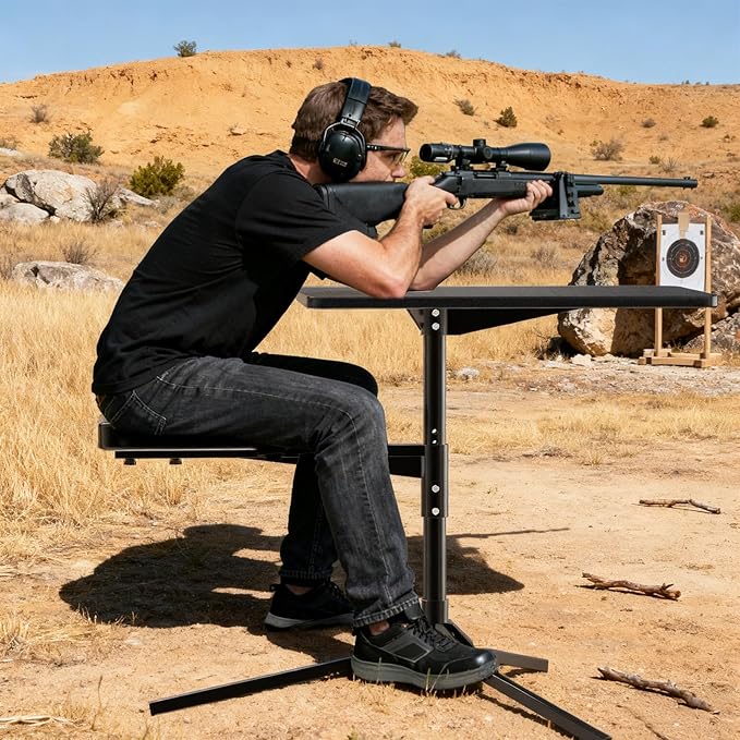 RogueArm Height Adjustable Shooting Table with 360 Degree Rotation Padded Seat, Portable Shooting Bench with Stable and Foldable Base,Shooting Platform for Outdoor, Range, Shooting and Cleaning
