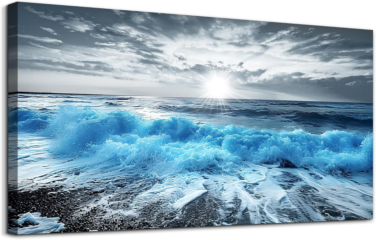 Lapremoly Large Canvas Wall Decor For Office Framed Wall Art For Living Room Blue Beach Painting Ocean Sea Waves Wall Pictures Bedroom Home Decorations Prints Posters Mural Artwork Ready to hang