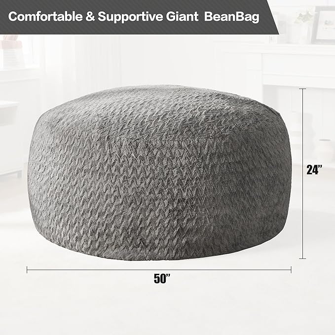 Hobestluk 5ft Bean Bag Chairs for Adults Large Beanbag Chair with Chevron Plush Fur Cover Big Bean Bag Chair for Living Room Bedroom Dorm Office - Grey (50” x 50” x 24”)
