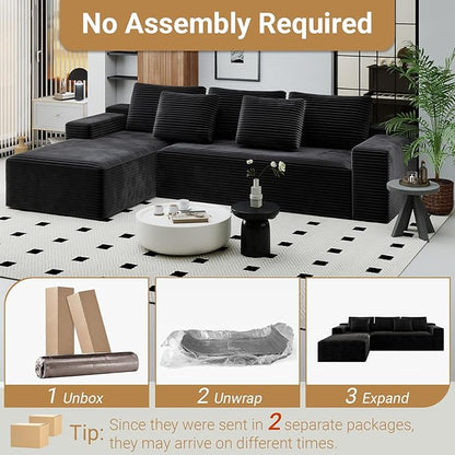 KAPEETOO Modular Sectional Sofa Cloud Couch with Chaise Longue, Left L Shaped Boneless Couch with Deep Seat, Oversize 3-Seater Sofa L Shaped Set for Living Room Bedroom (Black)