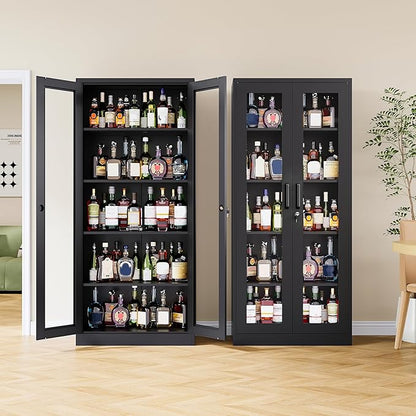 Metal Storage Cabinet with Lock and Glass Doors, Glass Display Cabinet