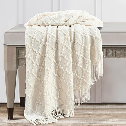 BOURINA White Throw Blanket 50 x70 Inches Jacquard Argyle Throw Textured Solid Soft Throws and Blankets for Sofa or Bed Knitted Decorative Blanket