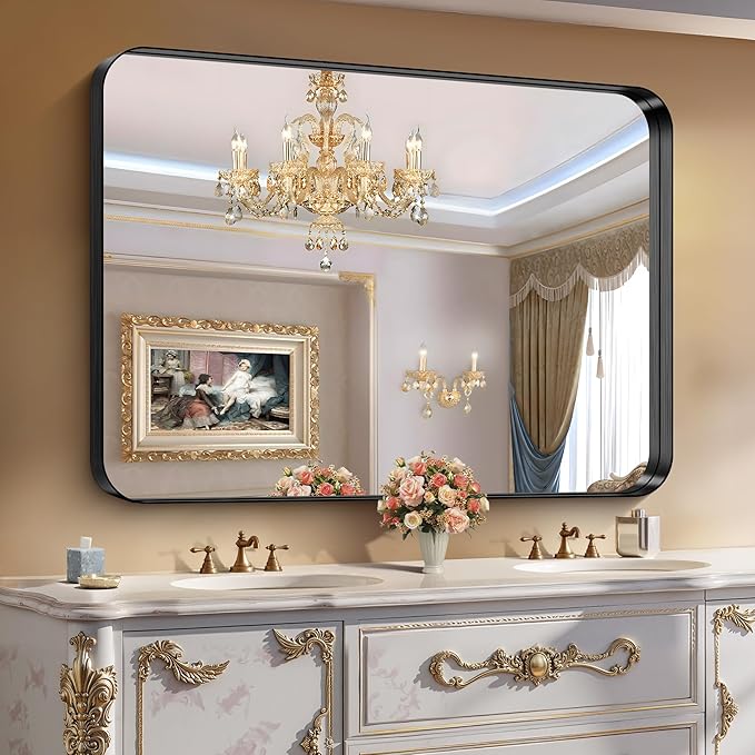 CIRCUMI Black Bathroom Mirror, Rounded Corner, Tempered Glass, Large Mirror