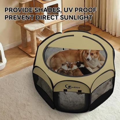 Siedihit Dog Cat Playpen, Medium Puppy Pet Playpen, Dog Crate Tent Cage | Indoor/Outdoor, Portable Pop Up Dogs Kennel Playpen with Carrying Case for Dogs/Cats/Rabbits(Black Khaki, Medium)