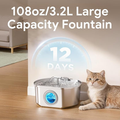 Cat Water Fountain Stainless Steel - 3.2L/108oz Cat Drinking Fountain | Pet Water Fountain for Cats Inside - Ultra Quiet Pet Watering Dispenser - for Small Animals (4 Filters)