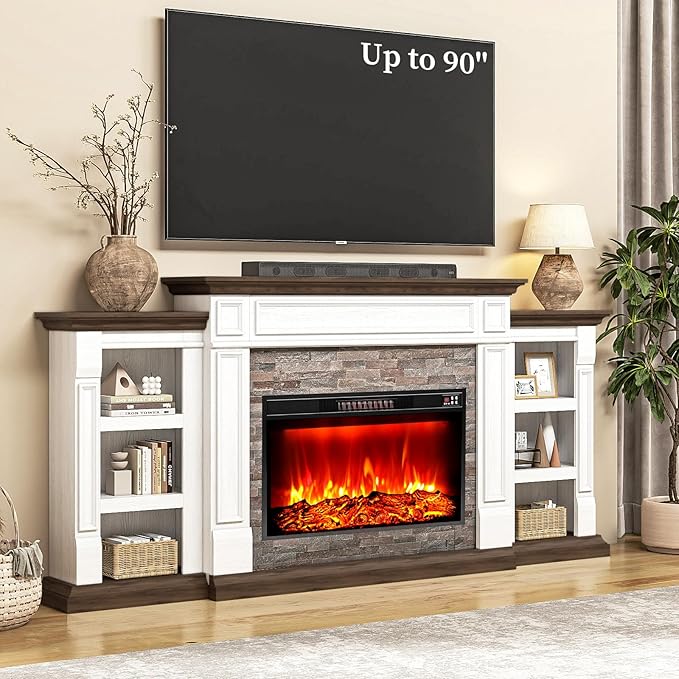 80" Electric Fireplace with Mantel, Fireplace TV Stand