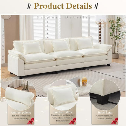 URRED Modular Sectional Sofa Comfy Cloud Couch, Modern Chenille Sofa Sleeper Deep Seat Couches with Ottoman/Pillows for Living Room (White, 117'')