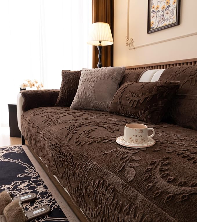Fuzzy Rabbit Plush Sofa Cover Cozy Warm Sofa Couch Covers with 3D Jacquard Leaf Pattern Non-Slip Easy-to-Install Shaggy Sofa Slipcover Prefect for Kids Dogs Cats Cats(Caramel,36"x110")