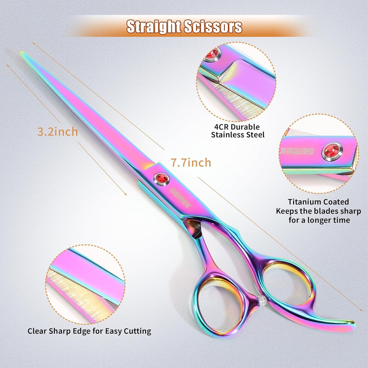 7.0in Titanium Professional Pet Grooming Scissors Set, GEMEK 6 in 1 Straight & Thinning & Upwards Curved & Downwards Curved Scissors & Comb for Dogs, Cats (Rainbow)