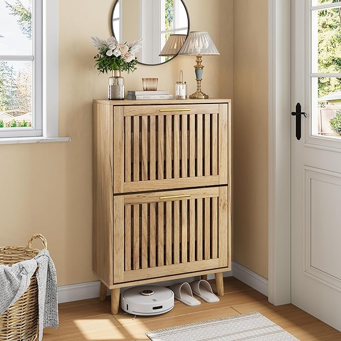 Shoe Cabinet with 2 Flip Slatted Drawers, Farmhouse Slim Shoe Organizer Rack