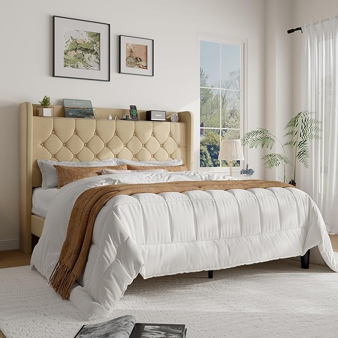 SHA CERLIN Full Size Platform Bed Frame with Charging Station, Velvet Wingback Headboard with Storage Shelf, Wooden Slats Support, Ample Under-Bed Space, No Box Spring Needed, Easy Assembly, Beige