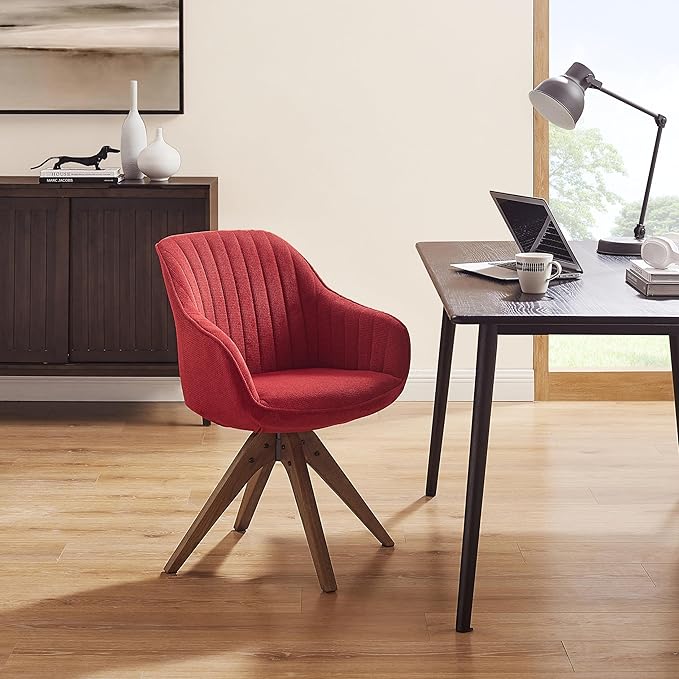 Art Leon Desk Chair No Wheels - Mid Century Modern Office Chair, Swivel Accent Chair with Oak Wood Legs, Fabric Upholstered Arm Chair, Red
