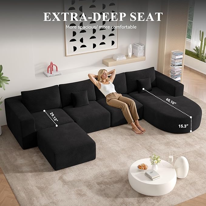 134" Boneless Couches for Living Room,Big Modular Sectional Sofa with Ottoman,Cloud Couch in a Box,Sponge Compression U Shaped Sofas with Chaise No Assembly Required,Black,1pcs