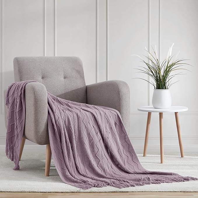 BOURINA Light Lavender Throw Blanket 50x60 Inches Throw Textured Solid Soft Sofa Couch Decorative Knit Blanket