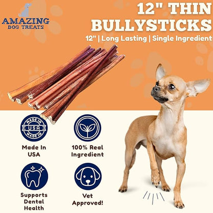Amazing Dog Treats - Bully Sticks for Small Dogs (12 Inch Small- 50 Count) - Premium Thin Junior Bully Sticks for Dogs