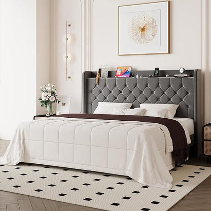 Allewie King Size Bed Frame, Storage Headboard with Charging Station, Wingback Velvet Upholstered, Diamond Stitched Button Tufted, Sturdy Wooden Slats, No Box Spring Needed, Easy Assembly, Grey