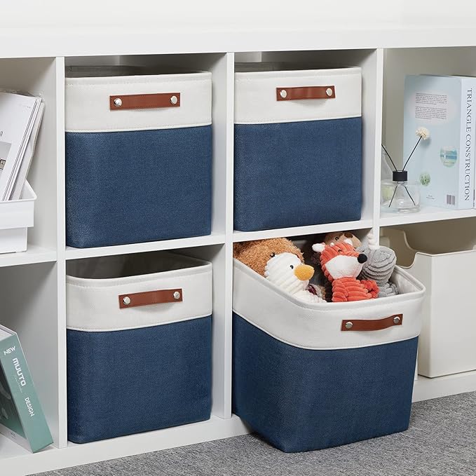 DULLEMELO Foldable Storage Cubes 12 x 12 Organizer Bins,Canvas Storage Bins Empty Gift Baskets for Organizing with SturdyLeather Handles, Closet Baskets for Nursery Storage(4 Pack - 12" White&Blue)