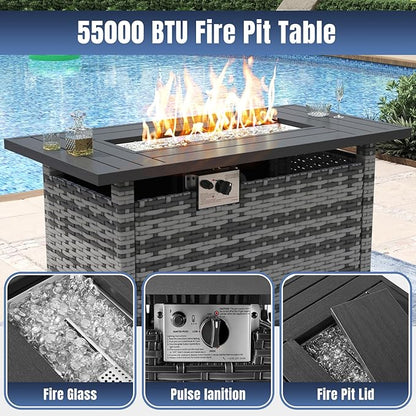 Aoxun 13 Pieces Patio Furniture Set with 44” Fire Pit Table Wicker Rattan Outdoor Sectional Conversation Set with Coffee Table and 4” Thickened Cushions, Gray/Black(Waterproof Cover Included)