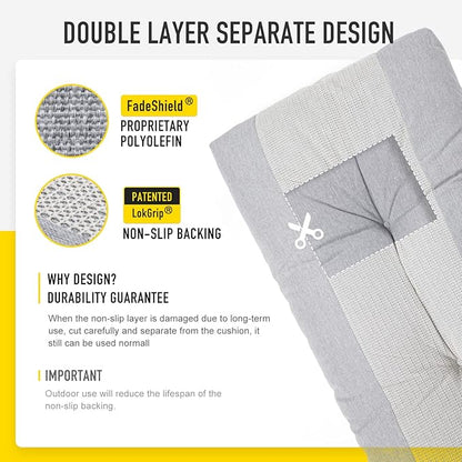 SUNROX LokGrip Non Slip Tufted Memory Foam Bench Cushion, FadeShield Water Resistant Durable Thicken Outdoor/Indoor Bench Seat Pads 36x14x4 inch, Heather Grey