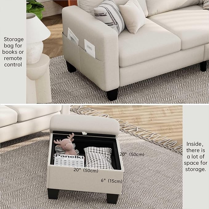 Small Sectional Couch, L Shaped Sectional White Couch in a Box, Small Couches with Ottoman, 3 Seater Sofa for Living Room, Apartment, Dorm, Office