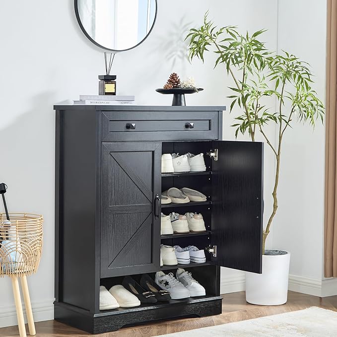 SOOWERY Shoe Cabinet with Drawer, Farmhouse Shoe Storage Cabinet with Doors