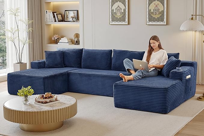 133" Couches for Living Room Deep-Seat Sectional Couch for Living Room Corduroy Boneless Couchs U-Shape Cloud Couch Flexible Modular Sectional Sofa with Chaise Lounge (Blue, with Cup Holder)