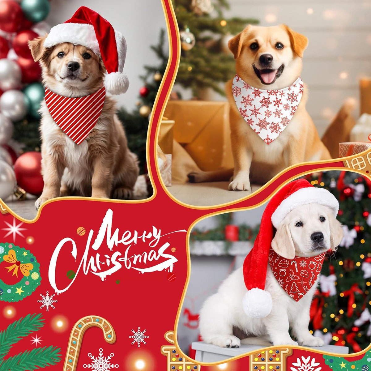 Abbylike 50 Pcs Christmas Dog Bandanas Bulk Xmas Red and White Bandanas for Dogs Triangle Kerchief Bibs Scarf Set for Pet Christmas Costume Photo Props Accessories Pet Shops (25.6 x 17.7 x 17.7)