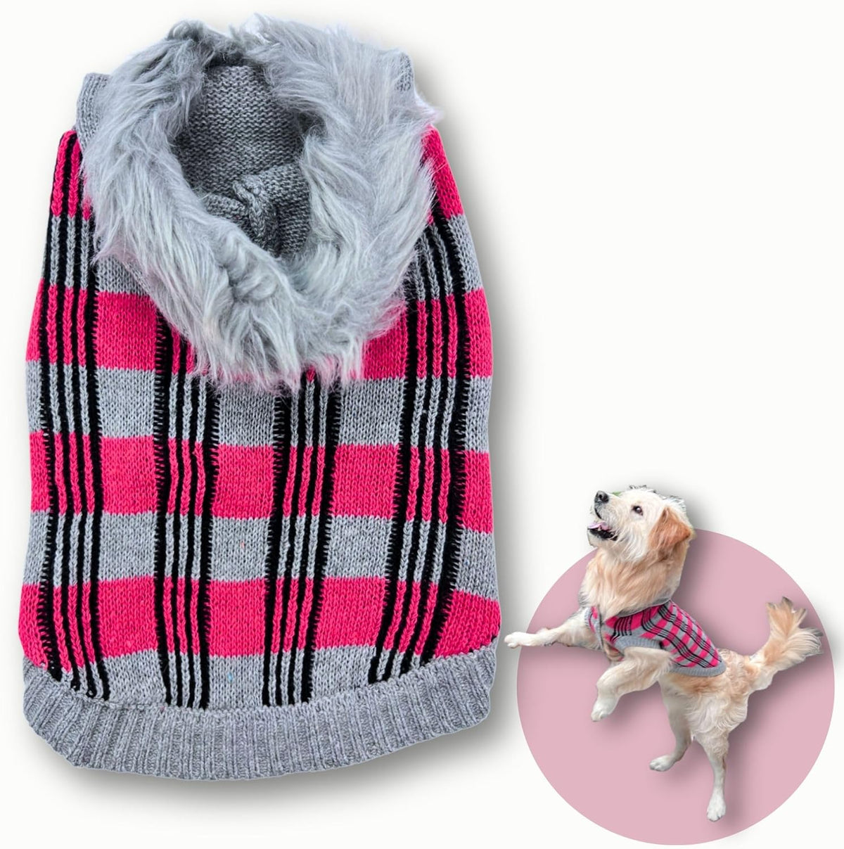 Cute Sweater for Dogs and Cats Soft Flannel Pet Outfit Warm and Cozy Animal Hoodie Small to Large Pet Clothes for Halloween Parties and Everyday Wear (Medium, Pink Checkered with Hat)