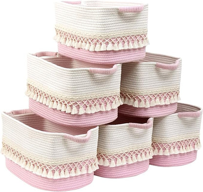 6 Pack Storage Basket for Shelves, Boho Cotton Rope Storage Bins with Heavy Tassel, Shelf Baskets Large Woven Baskets for Organizing, Cube Organizer Bins, Baby Laundry Basket for Clothes, Toys, Pets