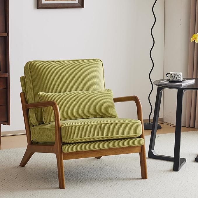 Karl home Mid-Century Modern Accent Chair, Living Room Chairs with Pillow Corduroy Upholstered Lounge Armchair with Solid Wood Frame & Soft Cushion for Bedroom, Reading Room, Green