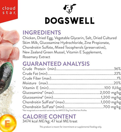 DOGSWELL Hip & Joint Dog Treats 100% Meaty, Grain Free, Glucosamine Chondroitin & Omega 3, Chicken Soft Strips 20 oz