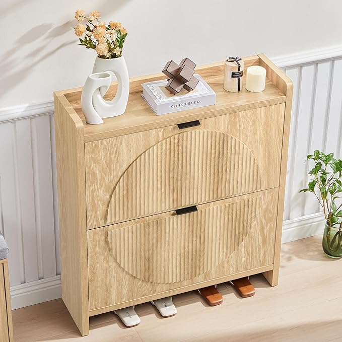 Narrow Shoe Cabinet with 2 Flip Drawers