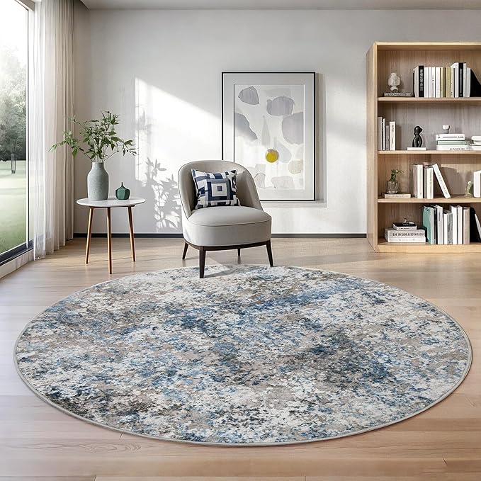 5ft Round Area Rug for Living Room- 5x5 Washable Neutral Abstract Rug for Bedroom Modern Soft Dining Room Rug No Slip Low Pile Carpet for Nursery Home Office Decor - Grey/Blue