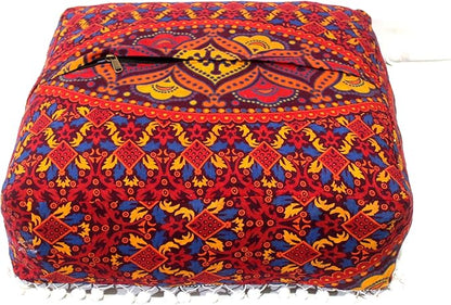 CRAFT KALA Large Hippie Mandala Meditation Floor Ottoman Pillow Cushion Pouf Cover Square Poufs Bohemian Circle Floor Cushion Case Outdoor Fireplace Yoga Living Room Decor Cover New Orange, 16" Square