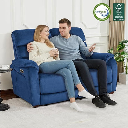 MCombo 61.6'' Wall Hugger Power Loveseat Recliner, Reclining Loveseat with Adjustable Headrest, USB Charge Ports, Wood Legs for Living Room, RVs, Small Spaces, Fabric ST258M1 (Loveseat, Navy Blue)