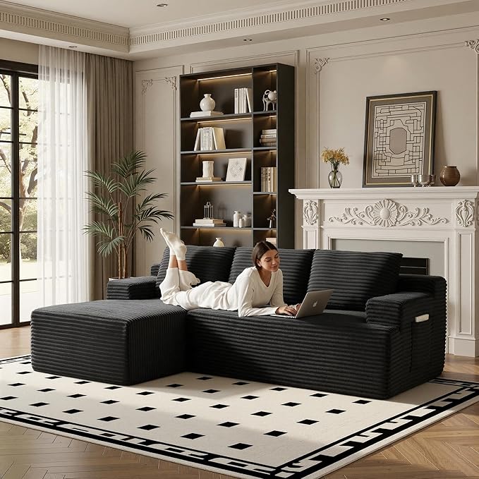 96" Sectional Couches for Living Room Cloud Couch Sofa with L-Shape Upholstered Boneless Couchs Modern Modular Sectional Couch with Chaise (Black, 96" W+Left Facing Chaise+2Seaters)