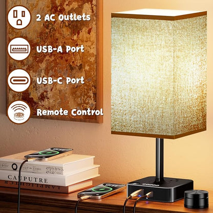 cozoo Bedroom Table Lamp with Remote Operation Control,Dimmable Bedside Table Desk Lamps with USB C+A Charging Ports 2 AC Outlets (Brown + Remote)
