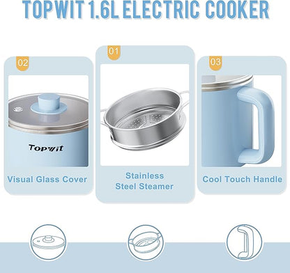 Topwit Hot Pot Electric with Steamer, 1.6L Ramen Cooker, Electric Pot