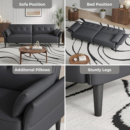 89” Futon Sofa Bed,Futon Couch Bed with 2 Square Pillows,Convertible Sleeper Sofa with Adjustable Backrest& Armrests, Modern Loveseat Sleeper for Living Room, Bedroom,Faux Leather Dark Gray