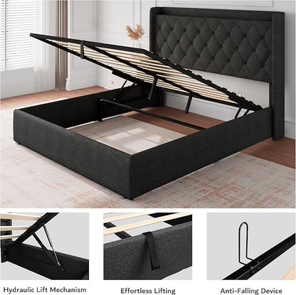 iPormis Full Size Lift Up Storage Bed Frame with Charging Station, Upholstered Platform Bed Frame with Tufted Headboard, Hydraulic Storage, No Box Spring Needed, Noise-Free, Easy Assembly, Dark Grey