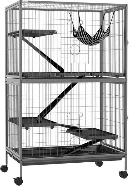 PawHut 50" 5-Tier Small Animal Cage, Ferret Cage, Large Chinchilla Cage with Hammock Accessory & Heavy-Duty Steel Wire, Small Animal Habitat with 4 Doors, Removable Tray, Gray