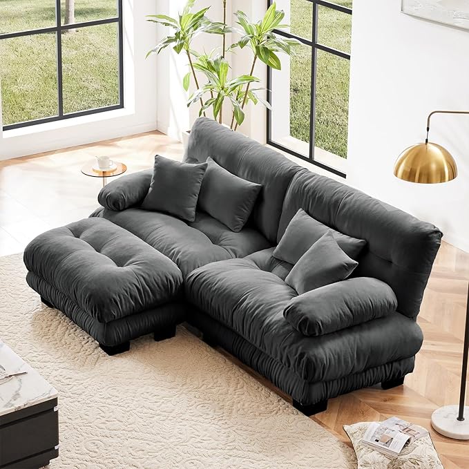 94.4" Loveseat Sofa, 2 Seater Modular Sectional Sofa, Grey Large L Shaped Sectional Fluffy Couch, Chenille Cloud Couch with Ottoman, Deep Seat Sofas for Living Room