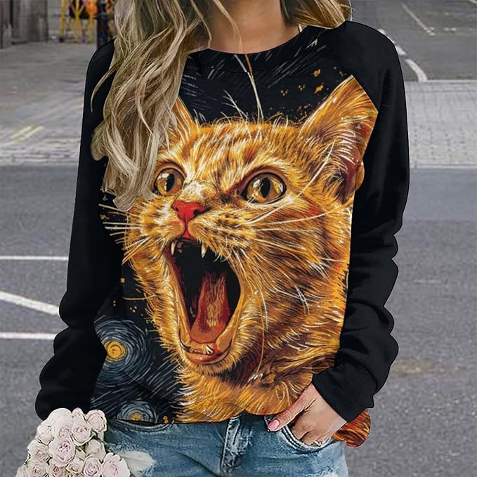 Long Sleeve Shirts for Women Cat Oil Painting Shirt 3D Graphic Sweatshirts Fall Pullover Crewneck Vintage Boho Tops