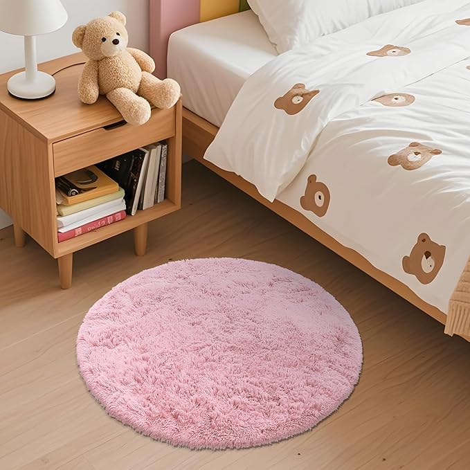 OLANLY Pink Round Rugs for Bedroom - Machine Washable, 2 ft Circle Area Rugs for Living Room, Soft and Fluffy Shaggy Carpet for Teen Girls and Boys, Nursery Rooms, Dorms, Home Decor Aesthetic