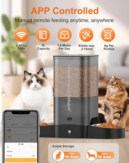 HoneyGuaridan 5L Automatic Cat Feeder for Two Cats, 2.4/5G WiFi Smart Feed Pet Feeder with Stainless Steel Bowl,APP Control Dispenser, Dual Power Supply,Desiccant Bag,10s Meal Call Black | Pet Feeder with Stainless Steel Bowl,APP Control Cat Food Dispe...